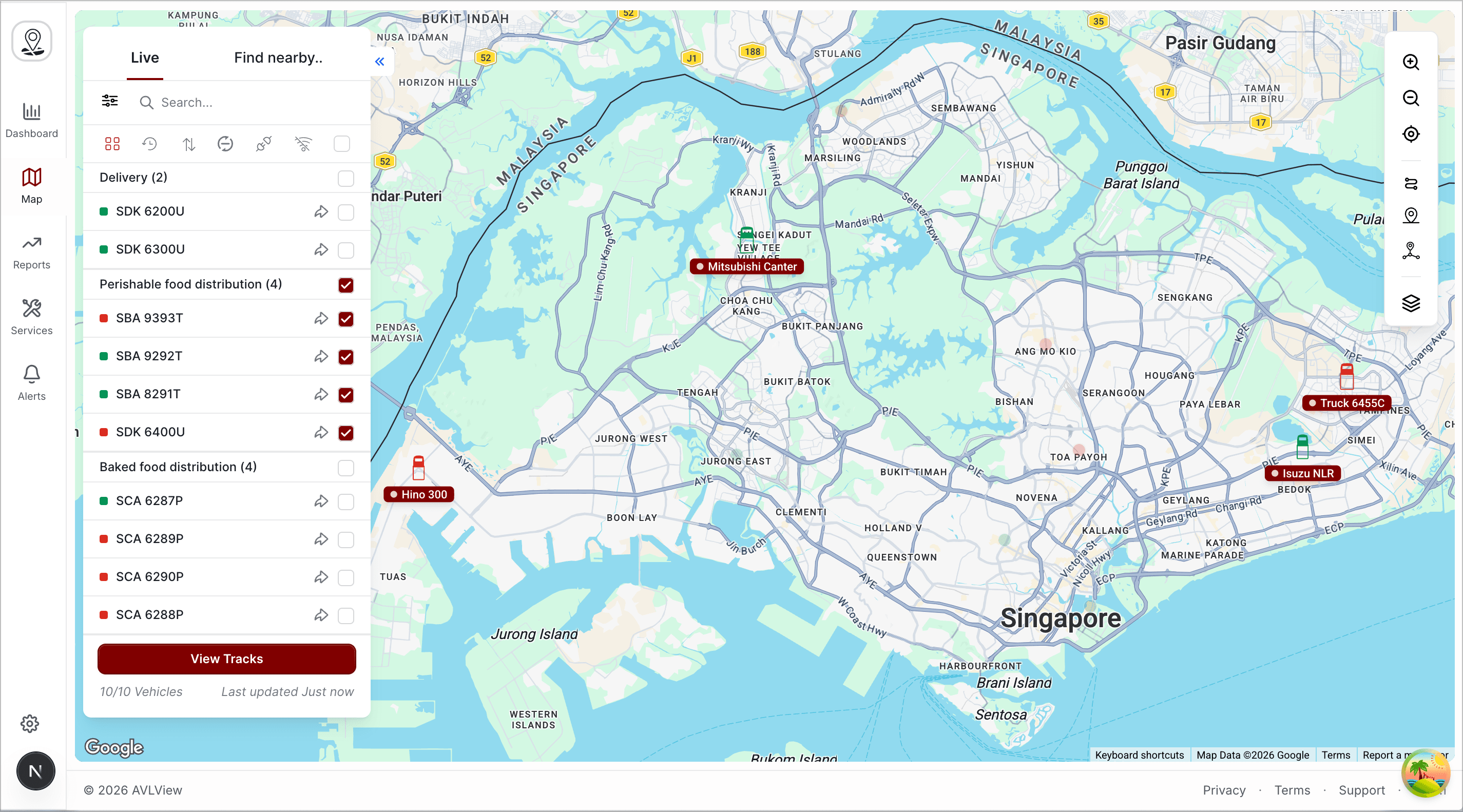 AVLView live GPS tracking dashboard showing vehicles on a map with real-time status updates